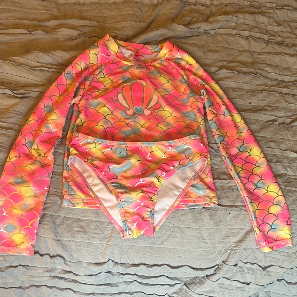 Betsey Johnson Pink Multi Mermaid Scale Rash Guard Set